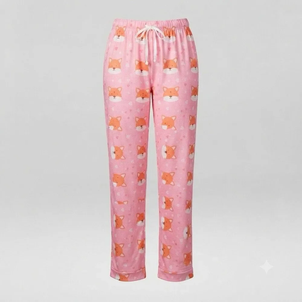 Women's Pink Fox & Heart Print Pajama Pants - Size XL Plush